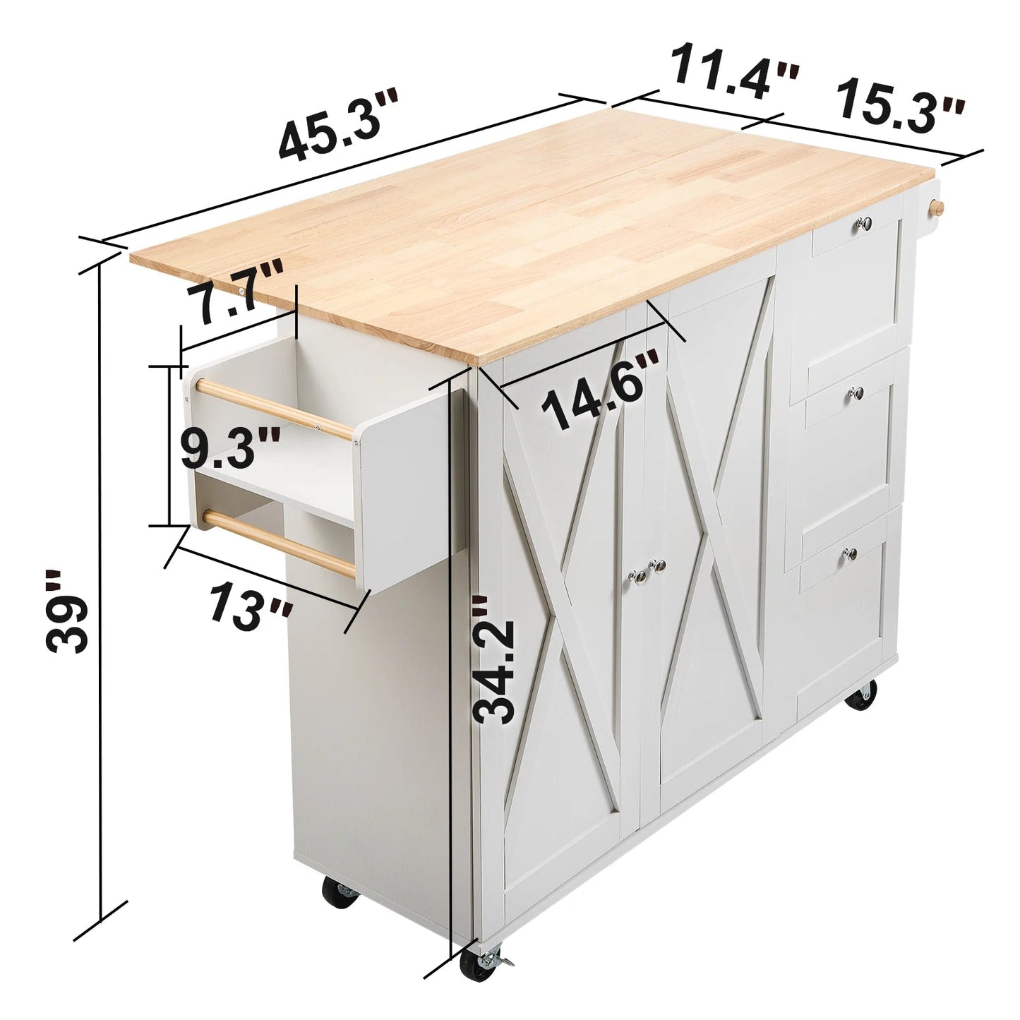 SucceBuy 2 - Door 1/2 3 - Drawer White Mobile Kitchen Island Rubber Wood Desktop Rolling Kitchen Cart with Wheels for Bar Storage - H. home supplies
