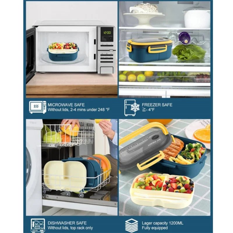 1200ML 2 Layer Bento Lunch Box With Spoon Fork, Kid High Capacity Microwae Food Containers Portable Leakproof Office Camping - H. home supplies