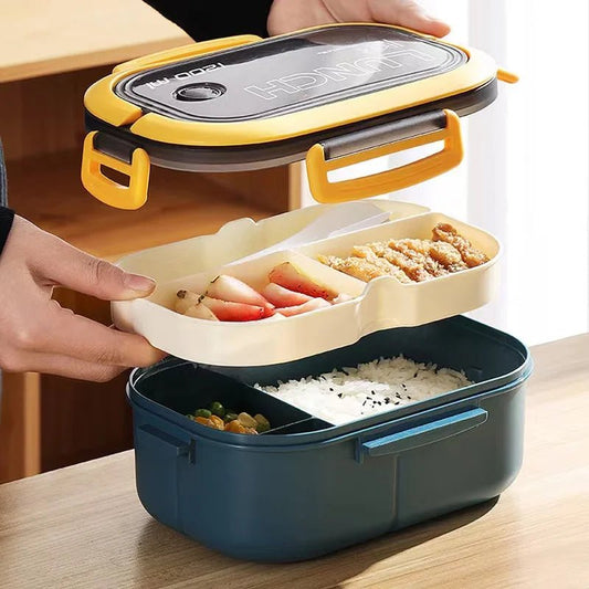 1200ML 2 Layer Bento Lunch Box With Spoon Fork, Kid High Capacity Microwae Food Containers Portable Leakproof Office Camping - H. home supplies