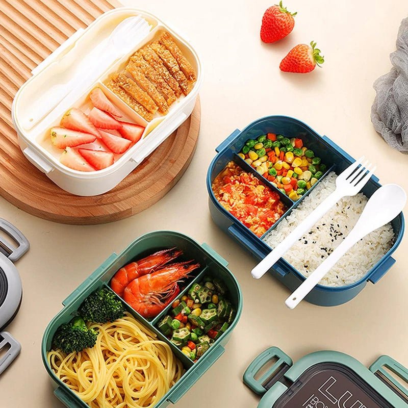 1200ML 2 Layer Bento Lunch Box With Spoon Fork, Kid High Capacity Microwae Food Containers Portable Leakproof Office Camping - H. home supplies