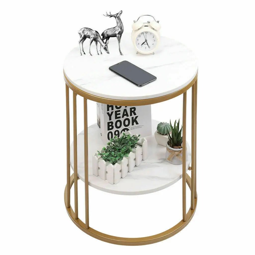 2 - Tier White Marble Side Table Round Coffee Table Nightstand Jewellery Storage - H. home supplies