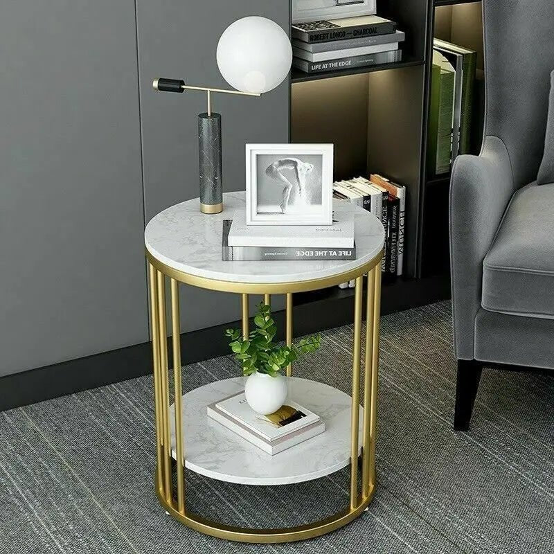 2 - Tier White Marble Side Table Round Coffee Table Nightstand Jewellery Storage - H. home supplies