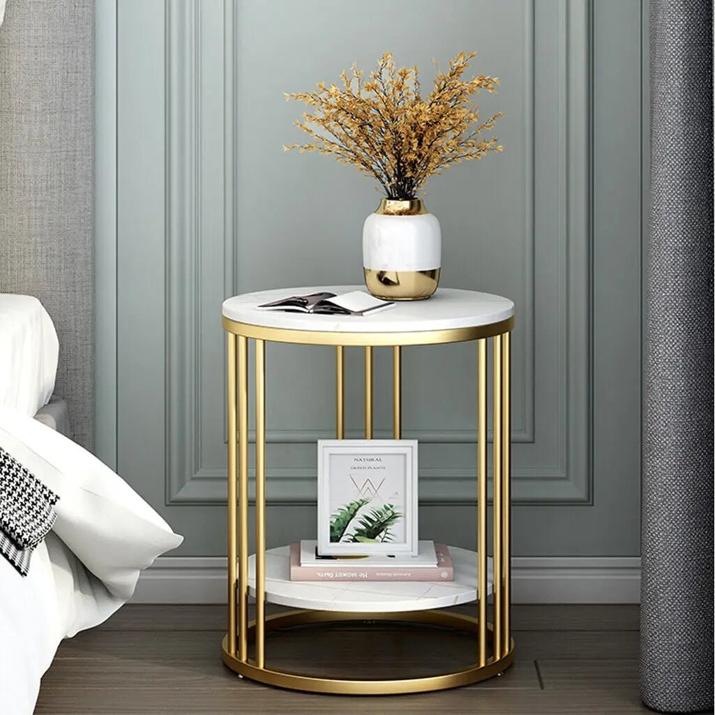 2 - Tier White Marble Side Table Round Coffee Table Nightstand Jewellery Storage - H. home supplies
