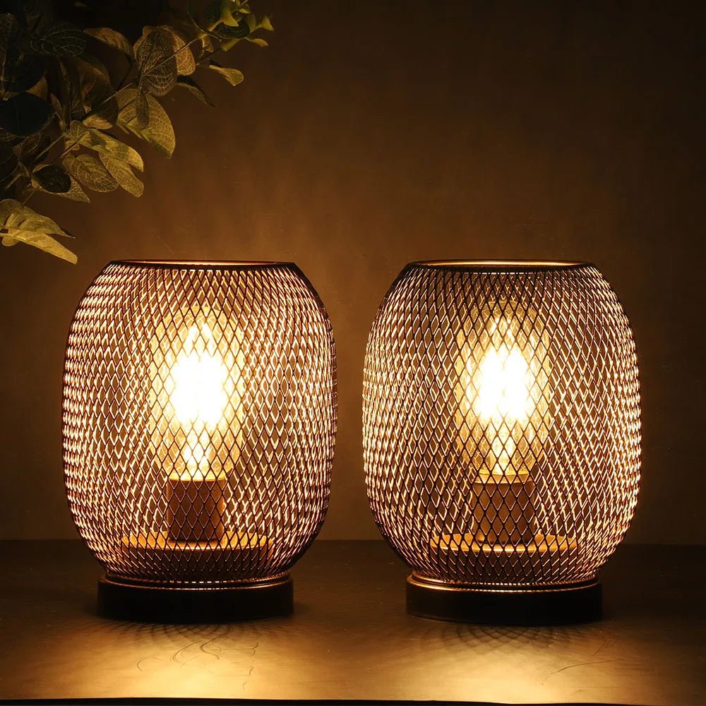 2Pcs Metal Cage Table Lamp Round Shaped LED Lantern Battery Powered Cordless Lamp for Weddings Party Home Decor Candle Holder - H. home supplies