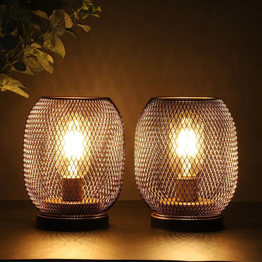 2Pcs Metal Cage Table Lamp Round Shaped LED Lantern Battery Powered Cordless Lamp for Weddings Party Home Decor Candle Holder - H. home supplies