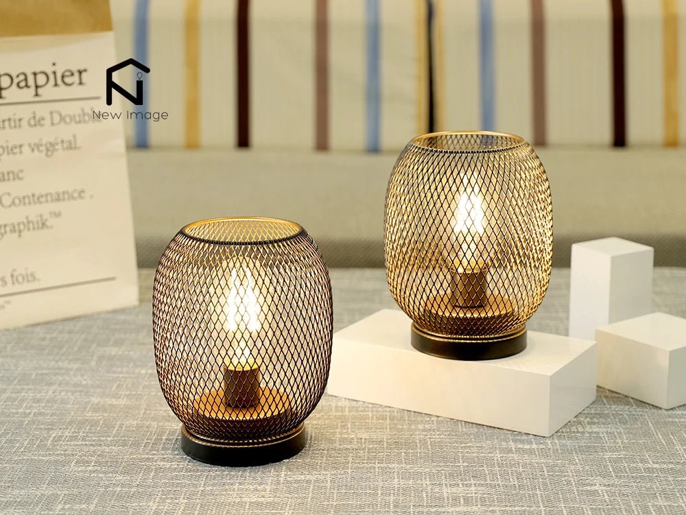 2Pcs Metal Cage Table Lamp Round Shaped LED Lantern Battery Powered Cordless Lamp for Weddings Party Home Decor Candle Holder - H. home supplies