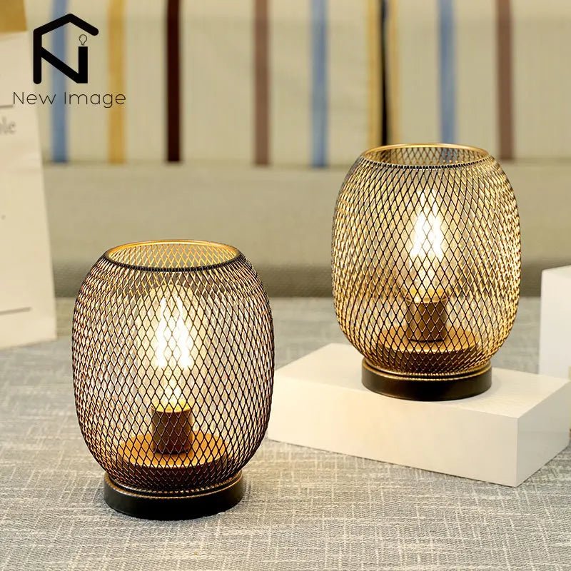 2Pcs Metal Cage Table Lamp Round Shaped LED Lantern Battery Powered Cordless Lamp for Weddings Party Home Decor Candle Holder - H. home supplies
