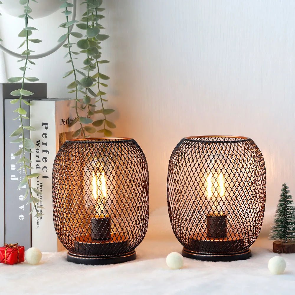 2Pcs Metal Cage Table Lamp Round Shaped LED Lantern Battery Powered Cordless Lamp for Weddings Party Home Decor Candle Holder - H. home supplies