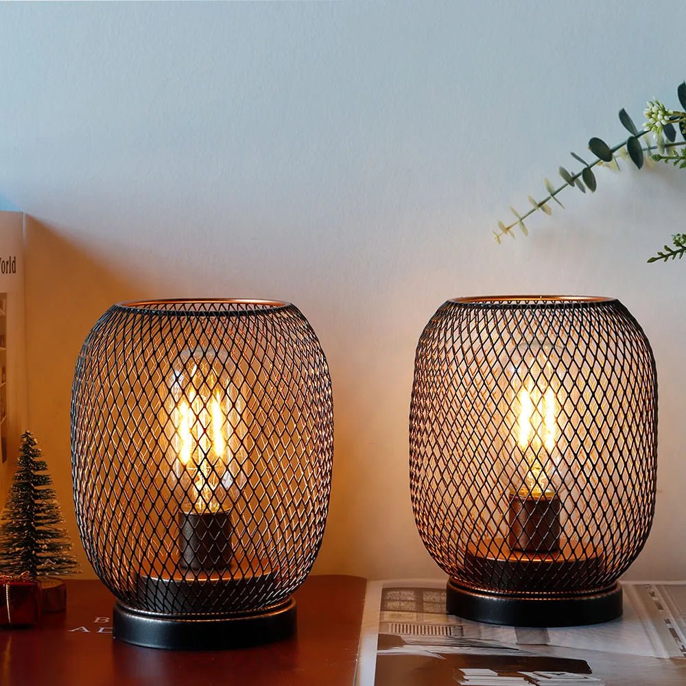 2Pcs Metal Cage Table Lamp Round Shaped LED Lantern Battery Powered Cordless Lamp for Weddings Party Home Decor Candle Holder - H. home supplies