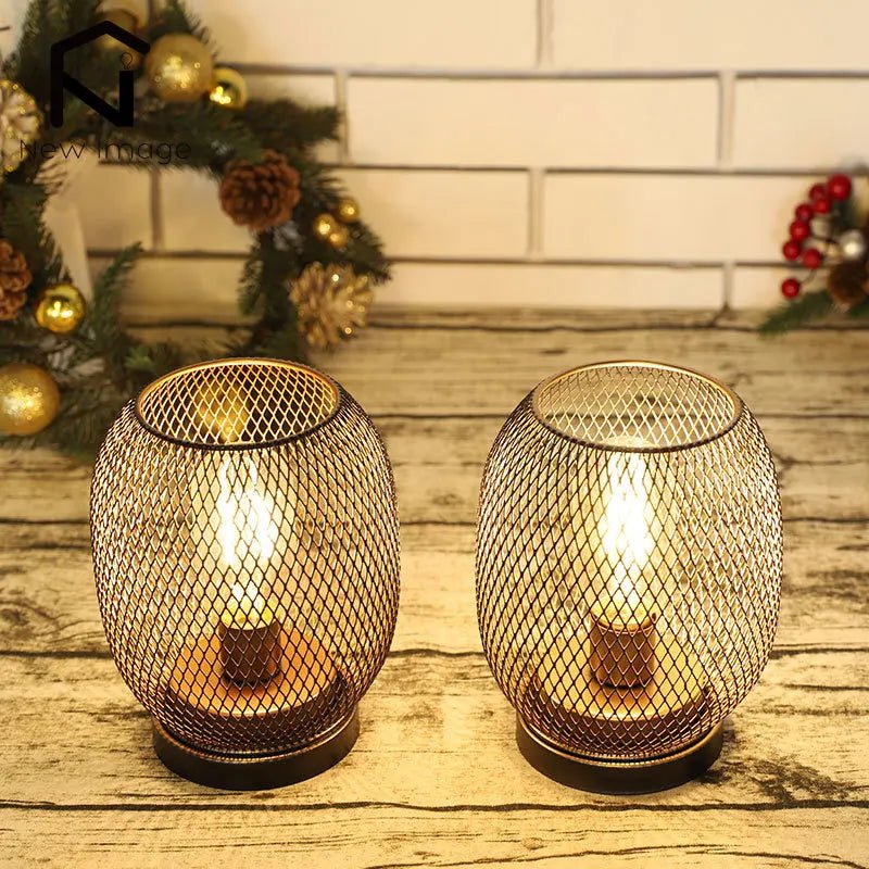 2Pcs Metal Cage Table Lamp Round Shaped LED Lantern Battery Powered Cordless Lamp for Weddings Party Home Decor Candle Holder - H. home supplies