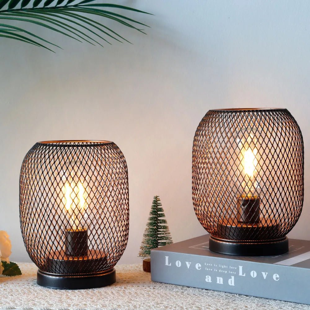 2Pcs Metal Cage Table Lamp Round Shaped LED Lantern Battery Powered Cordless Lamp for Weddings Party Home Decor Candle Holder - H. home supplies
