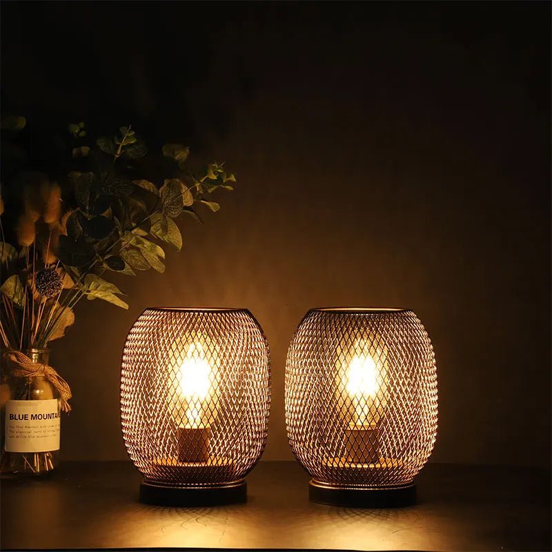 2Pcs Metal Cage Table Lamp Round Shaped LED Lantern Battery Powered Cordless Lamp for Weddings Party Home Decor Candle Holder - H. home supplies