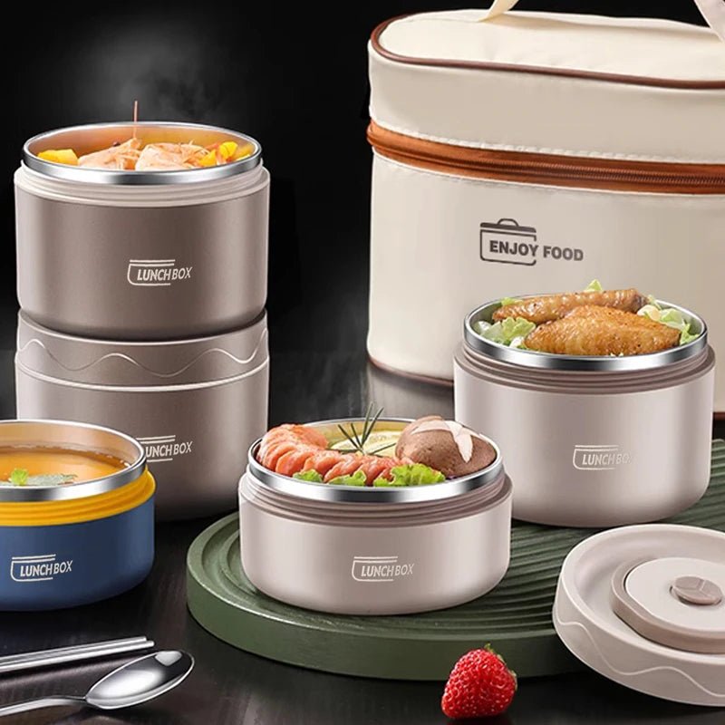 304 Stainless Steel Insulated Lunch Box with Storage Bag Portable Double - layer Covered Lunch Box Office Student Sealed Lunch Box - H. home supplies