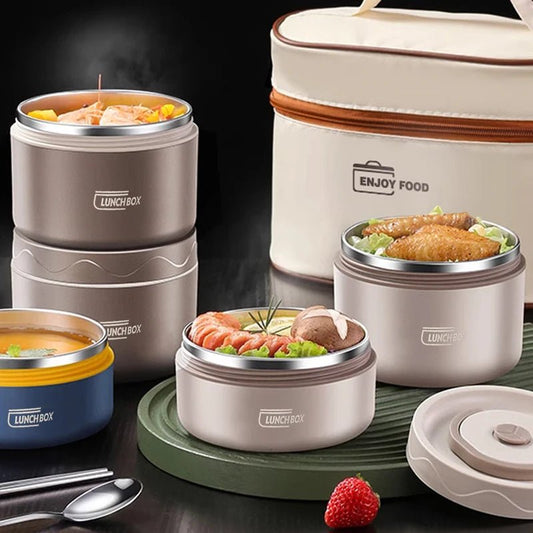 304 Stainless Steel Insulated Lunch Box with Storage Bag Portable Double - layer Covered Lunch Box Office Student Sealed Lunch Box - H. home supplies