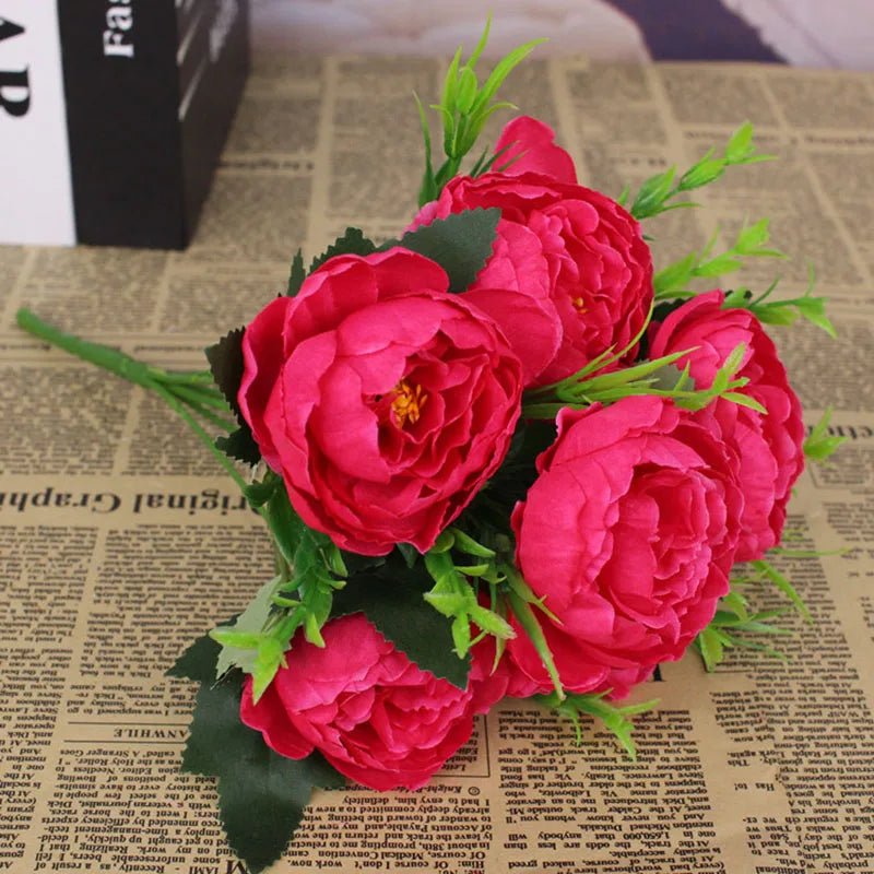 Cheap 6 flower head simulation peony filigree rose bouquet peony retro bridal bouquet fake flower home DIY Christmas wedding dec - H. home supplies