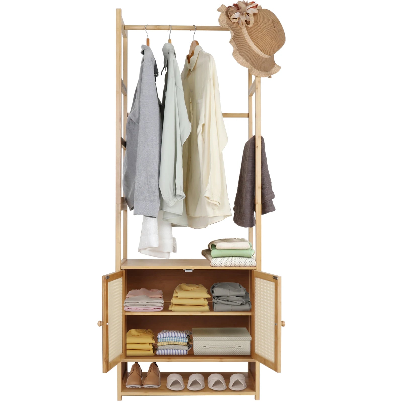 Clothes Stand with Cabinet Free - standing Bamboo Open Garment Rack with Storage Shelves Hanging Clothes Rack for Living Room - H. home supplies