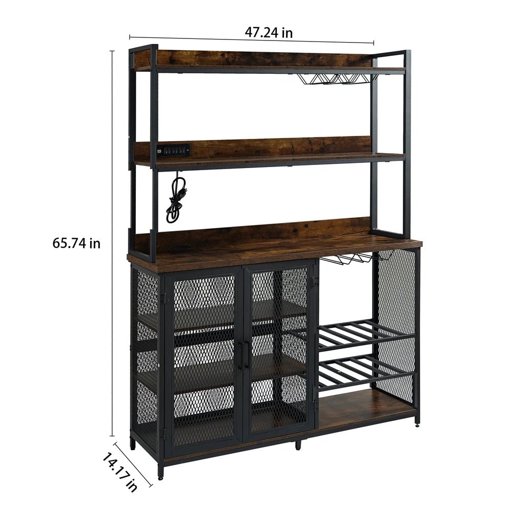 Coffee Bar Cabinet With Power Outlet, Industrial Buffet Cabinet With LED Strip And Glass Holder, 3 - Tiers Wine Cabinet Bar - H. home supplies