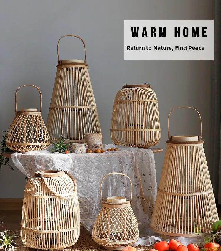 Creative Bamboo Wier Lantern Candlesti Floor Standing Hanging Decoration Sample Room Homestay Hotel Home Dining Table - H. home supplies
