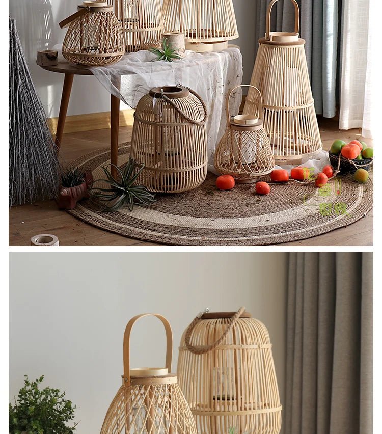 Creative Bamboo Wier Lantern Candlesti Floor Standing Hanging Decoration Sample Room Homestay Hotel Home Dining Table - H. home supplies