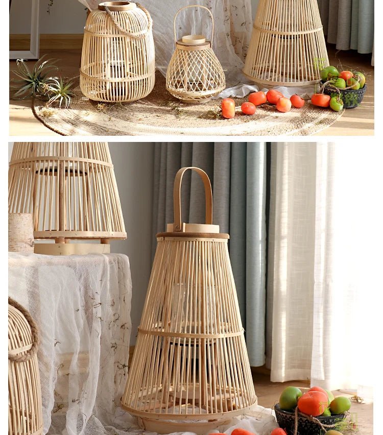 Creative Bamboo Wier Lantern Candlesti Floor Standing Hanging Decoration Sample Room Homestay Hotel Home Dining Table - H. home supplies