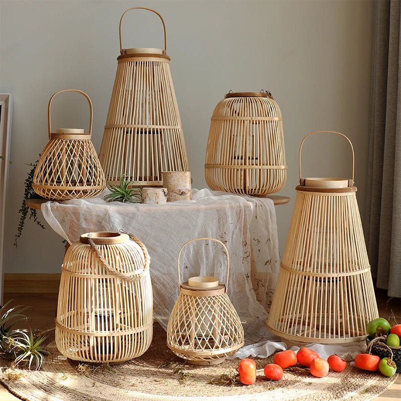 Creative Bamboo Wier Lantern Candlesti Floor Standing Hanging Decoration Sample Room Homestay Hotel Home Dining Table - H. home supplies