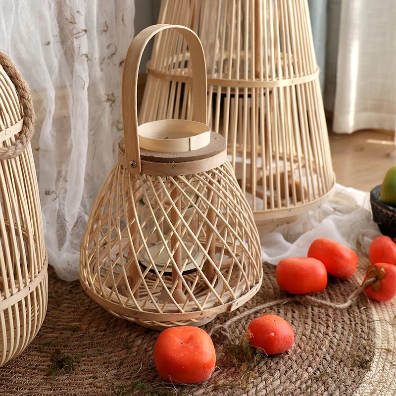 Creative Bamboo Wier Lantern Candlesti Floor Standing Hanging Decoration Sample Room Homestay Hotel Home Dining Table - H. home supplies