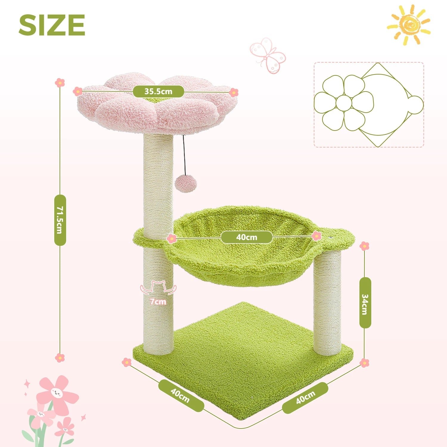 Flower Cat Tree with Sisal Scratching Post Large Hammock Soft Top Perch Small Cat Tower for Indoor Cute Cat Scratcher Kitten Toy - H. home supplies