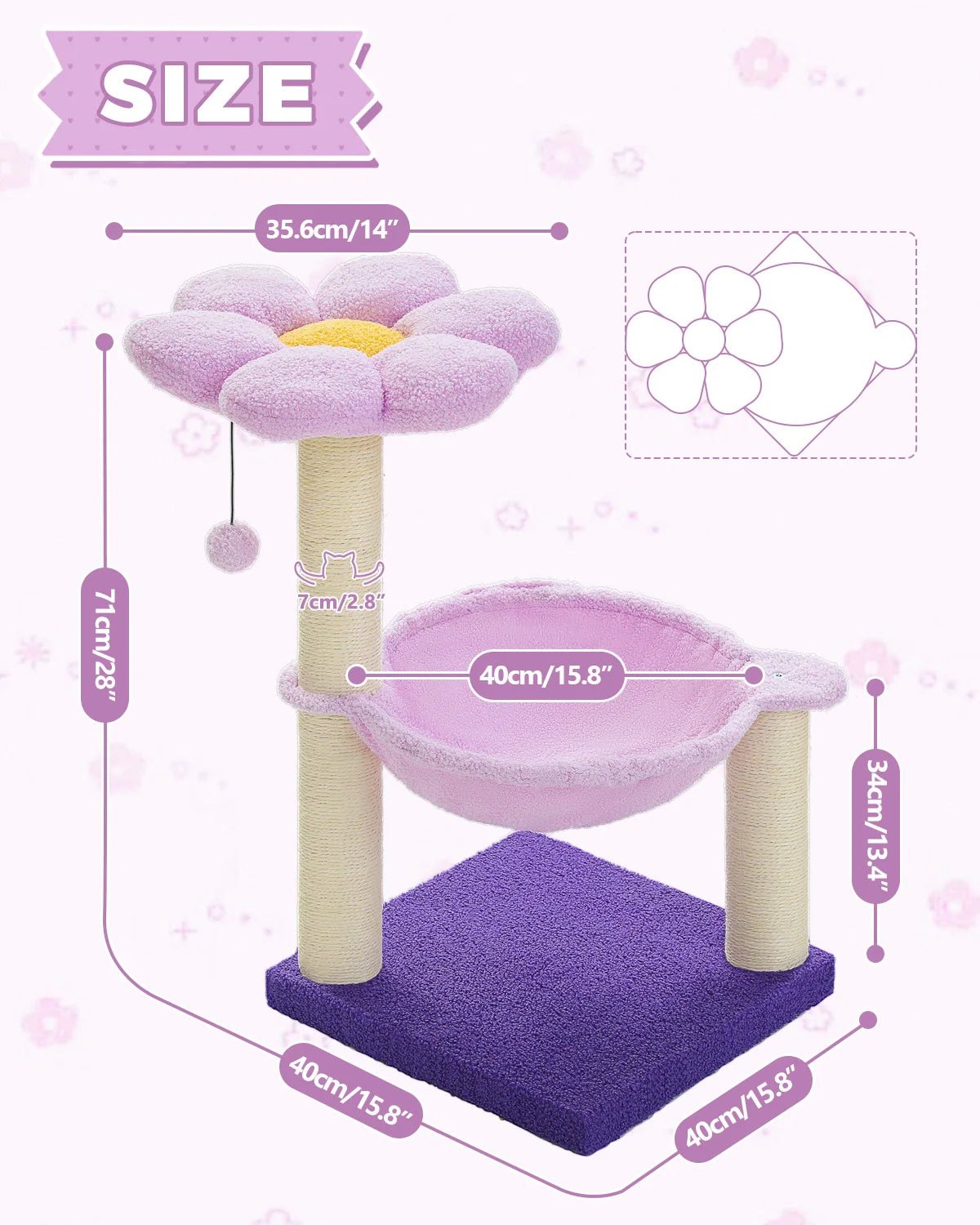 Flower Cat Tree with Sisal Scratching Post Large Hammock Soft Top Perch Small Cat Tower for Indoor Cute Cat Scratcher Kitten Toy - H. home supplies