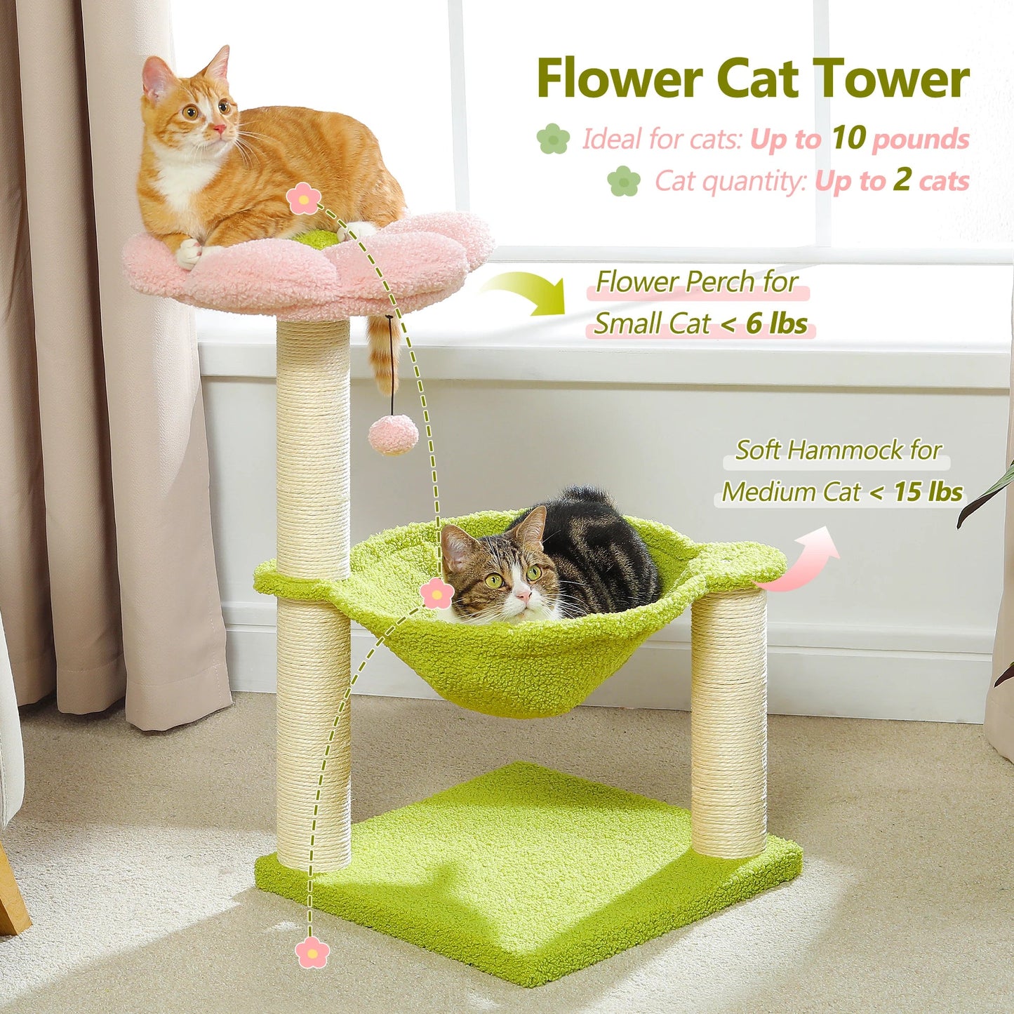 Flower Cat Tree with Sisal Scratching Post Large Hammock Soft Top Perch Small Cat Tower for Indoor Cute Cat Scratcher Kitten Toy - H. home supplies