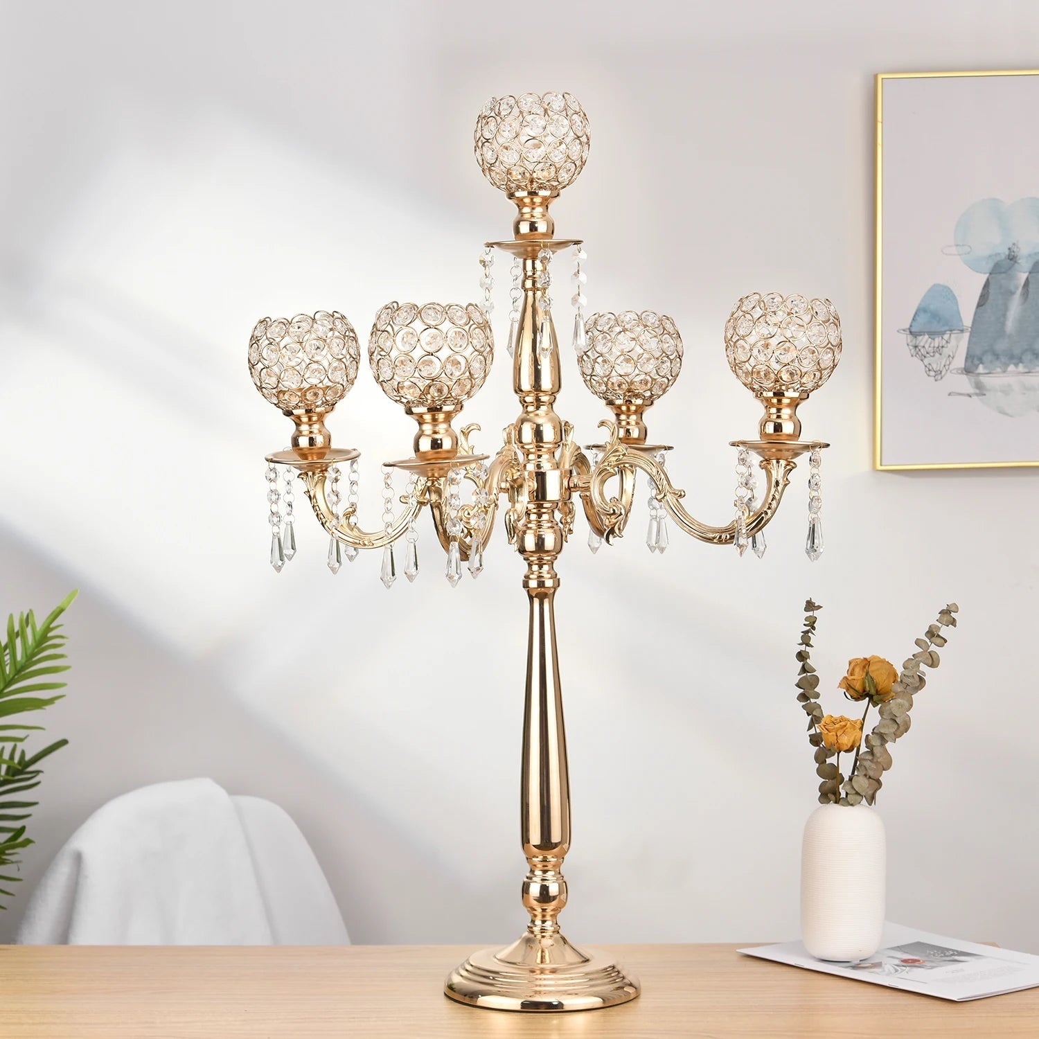 Gold Crystal Candle Holders for Wedding Party Home Decoration Centerpieces, Halloween Christmas Room Decor 5 Arms Candlestick - H. home supplies