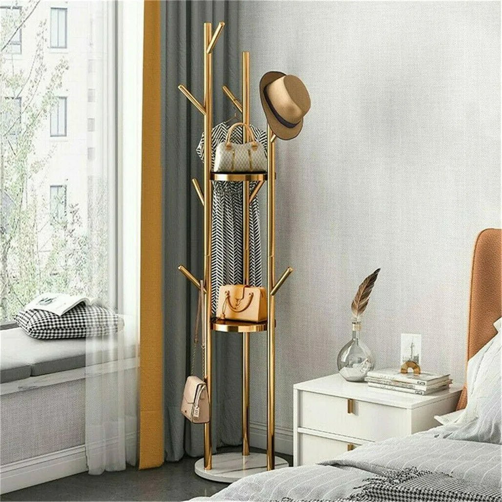 Heavy Duty Marble Coat Rack Stand Gold Metal Tall Clothes Rail Hanger for Bedroom Office Hall - H. home supplies