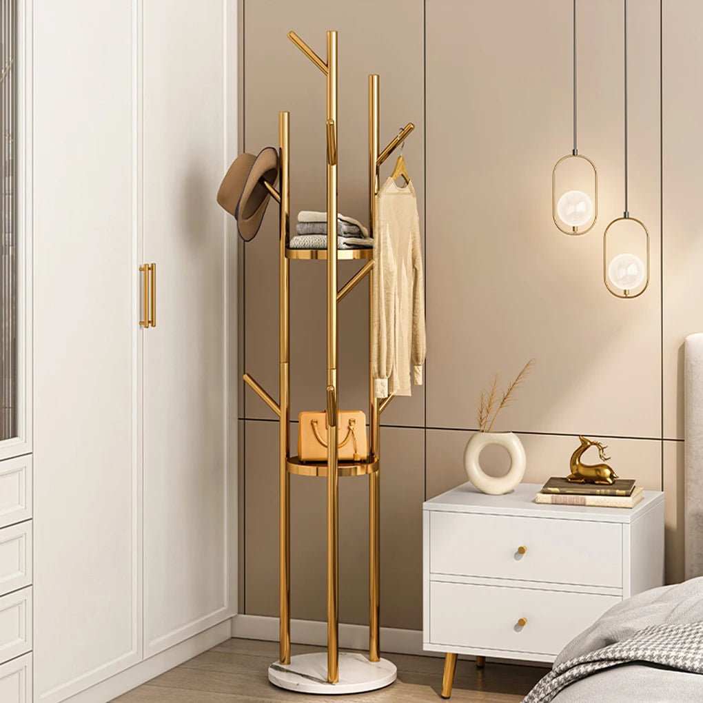 Heavy Duty Marble Coat Rack Stand Gold Metal Tall Clothes Rail Hanger for Bedroom Office Hall - H. home supplies