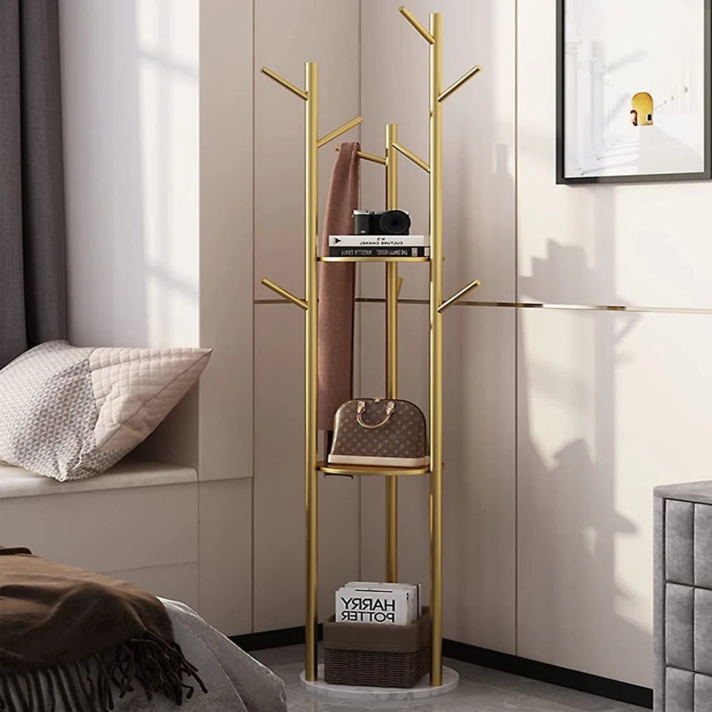 Heavy Duty Marble Coat Rack Stand Gold Metal Tall Clothes Rail Hanger for Bedroom Office Hall - H. home supplies