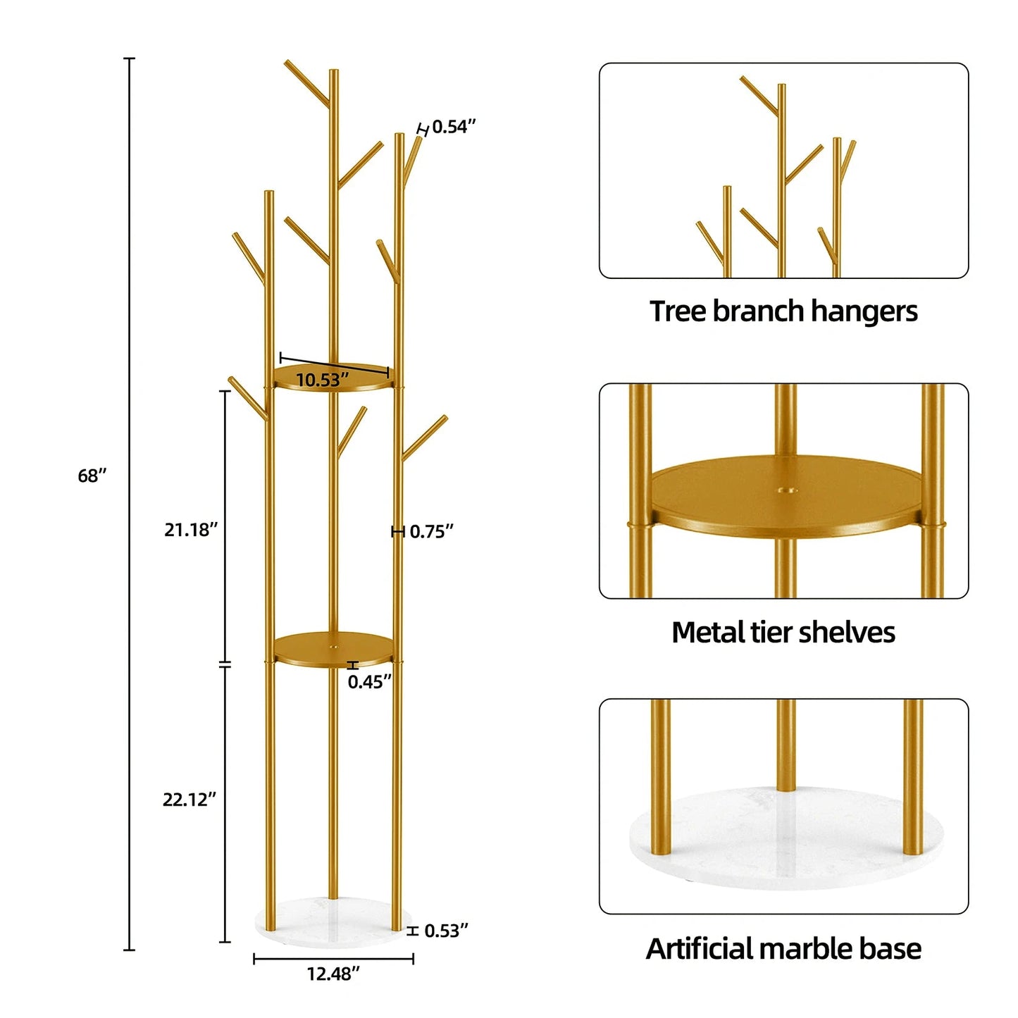 Heavy Duty Marble Coat Rack Stand Gold Metal Tall Clothes Rail Hanger for Bedroom Office Hall - H. home supplies