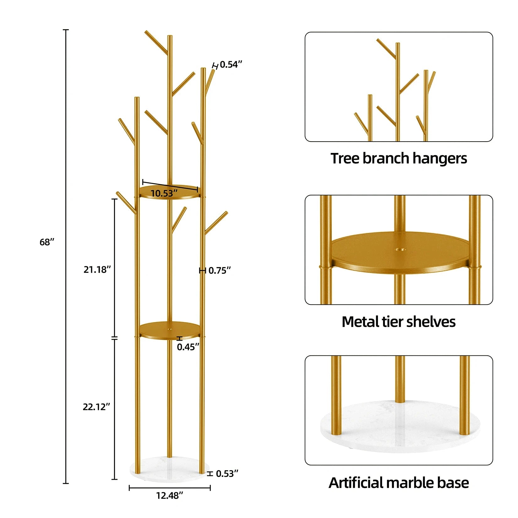 Heavy Duty Marble Coat Rack Stand Gold Metal Tall Clothes Rail Hanger for Bedroom Office Hall - H. home supplies