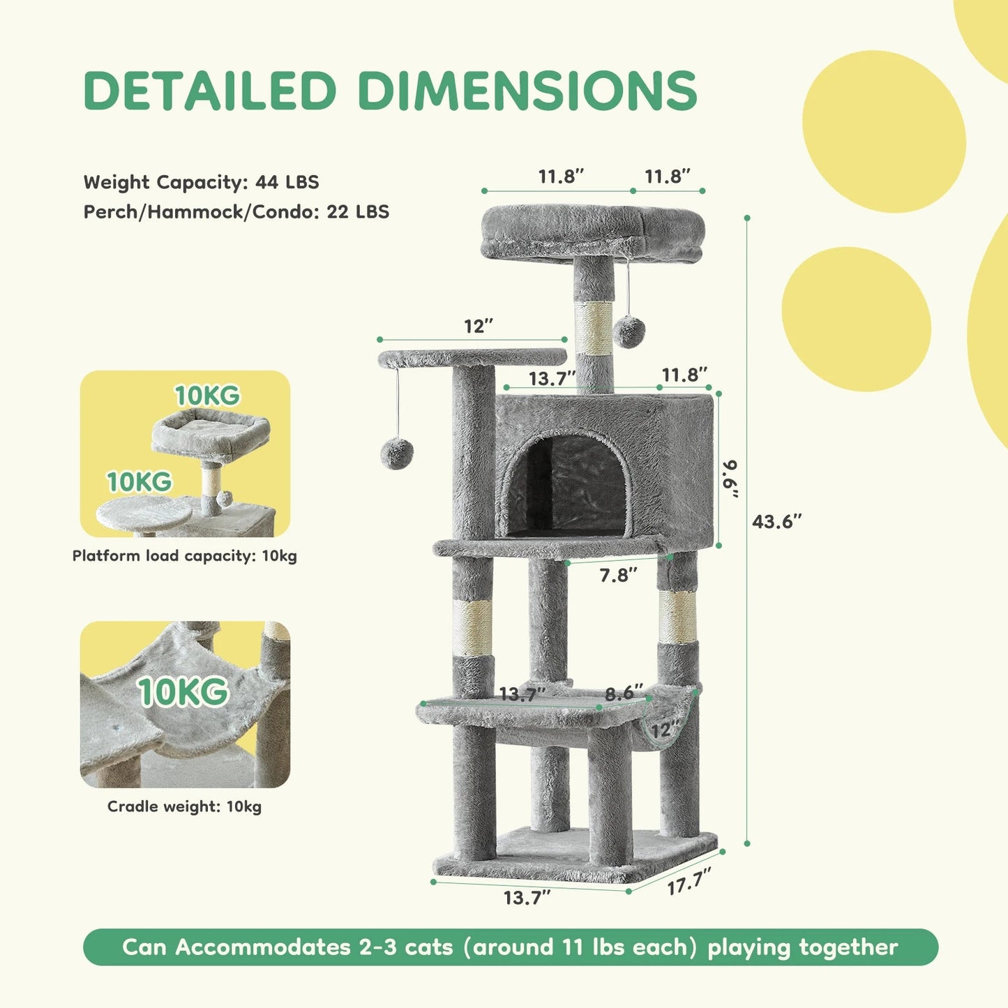 JHK 44in Tall Multi - Cat Climbing Cat Tree Tower for Pet Furniture Natural Sisal Scratching Posts Stable Pet House for Indoor Cat - H. home supplies