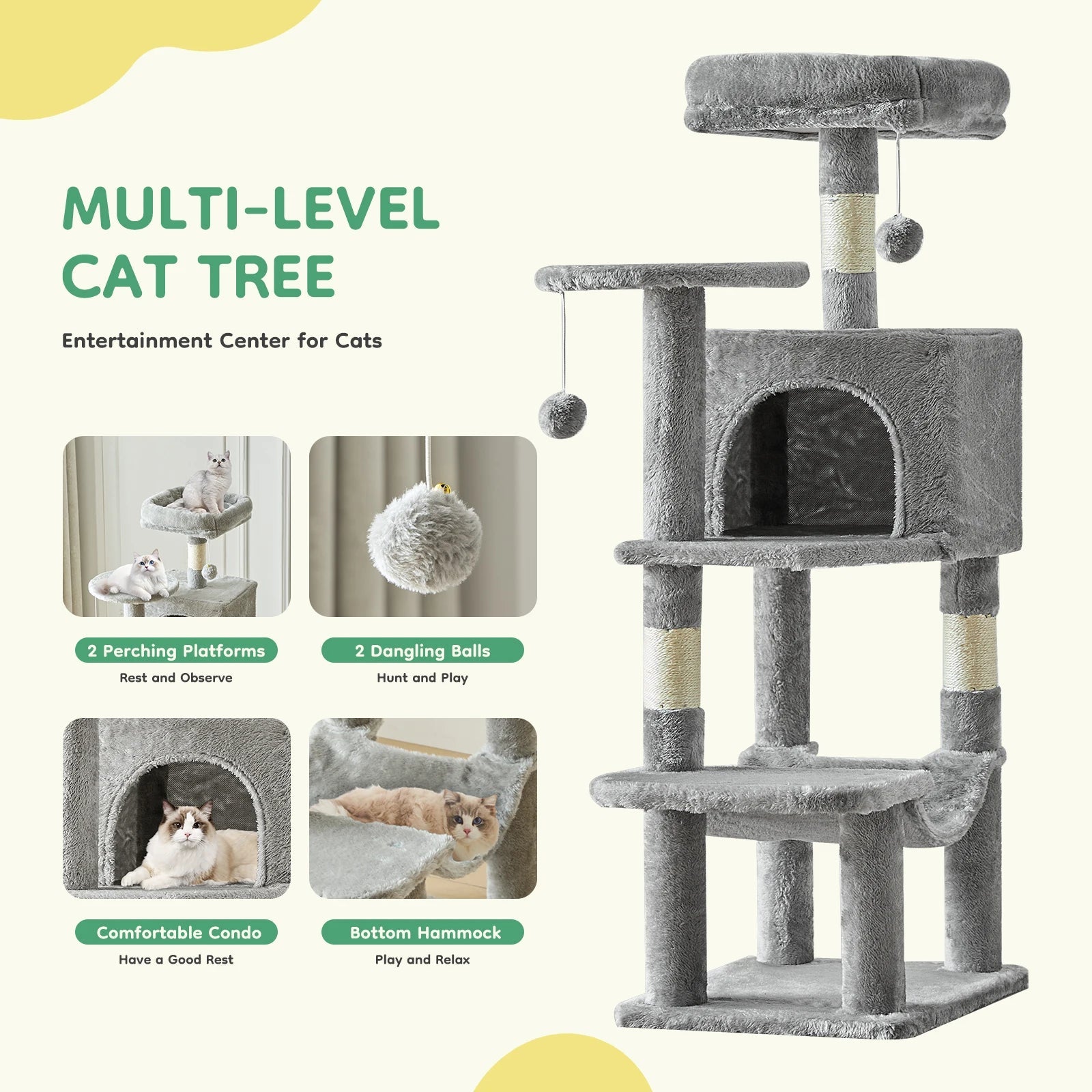JHK 44in Tall Multi - Cat Climbing Cat Tree Tower for Pet Furniture Natural Sisal Scratching Posts Stable Pet House for Indoor Cat - H. home supplies