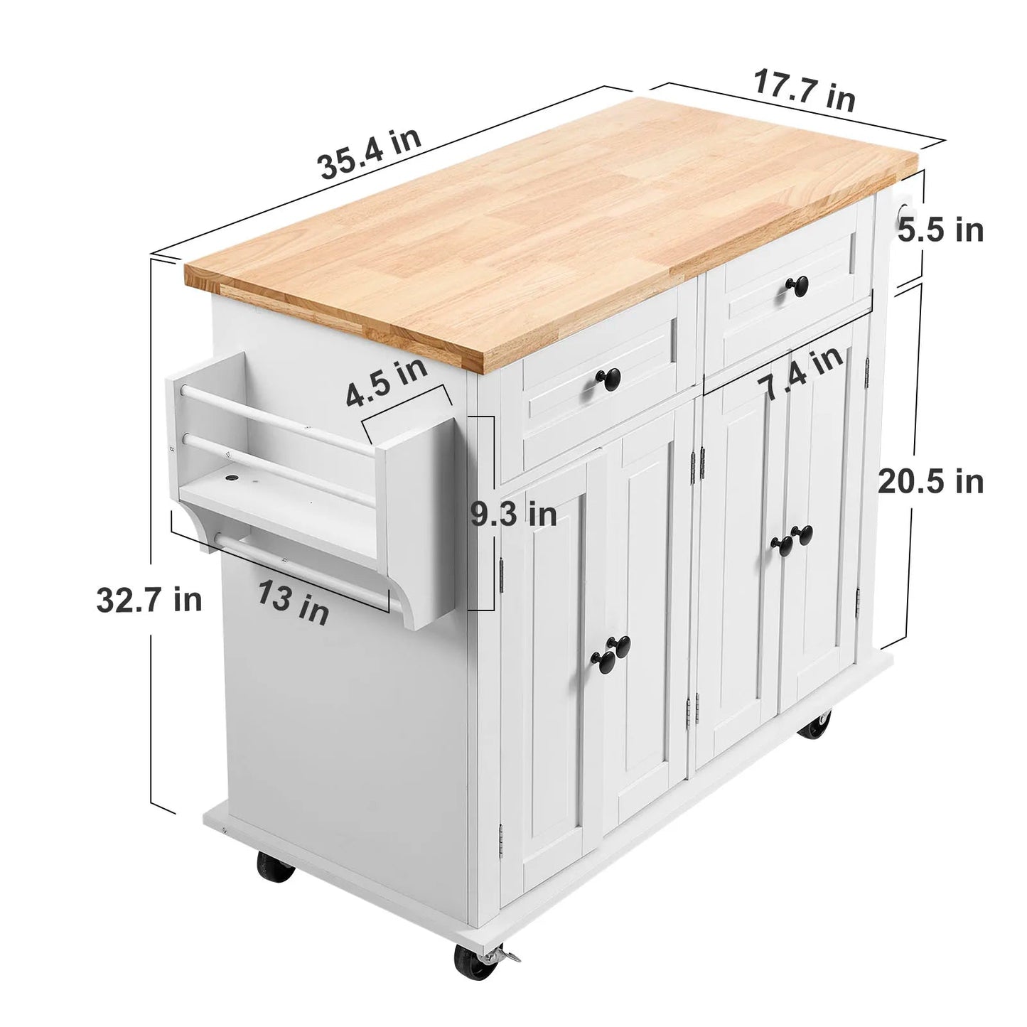 SucceBuy 2 - Door 1/2 3 - Drawer White Mobile Kitchen Island Rubber Wood Desktop Rolling Kitchen Cart with Wheels for Bar Storage - H. home supplies