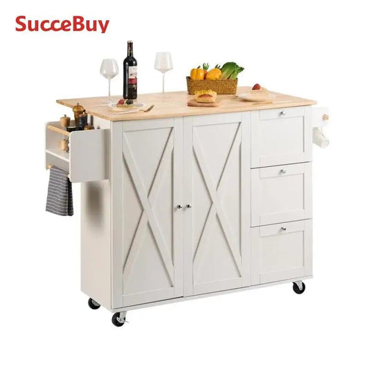 SucceBuy 2 - Door 1/2 3 - Drawer White Mobile Kitchen Island Rubber Wood Desktop Rolling Kitchen Cart with Wheels for Bar Storage - H. home supplies