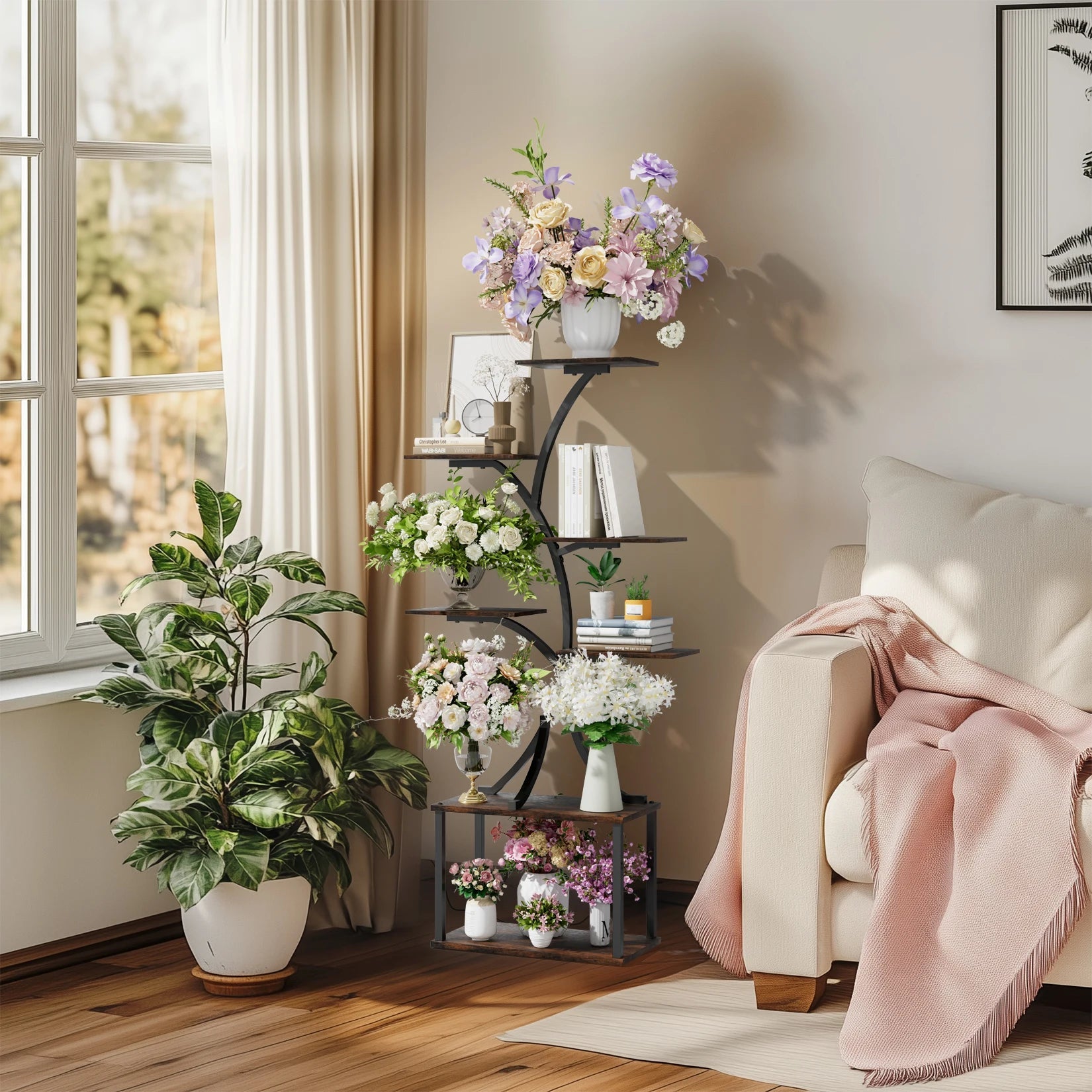 Tree - Shaped Industrial Plant Stand Display Rack Corner Flower Holder Multiple Shelves Organizer Shelves - H. home supplies