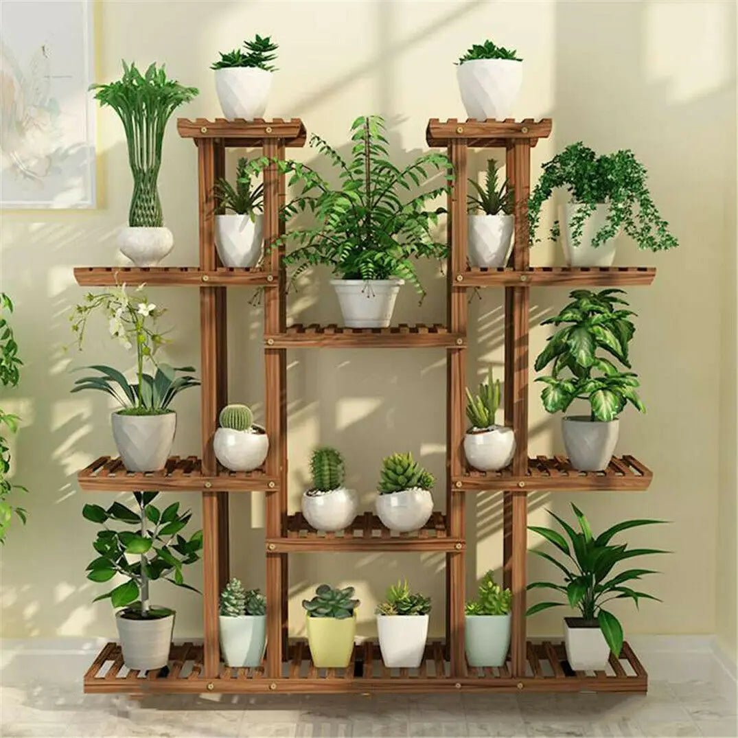 UNHO Multi - Tier Plant Stand, 46in Height Wood Flower Rack Holder 16 Potted Display Storage Shelves Indoor Outdoor for Patio Gard - H. home supplies