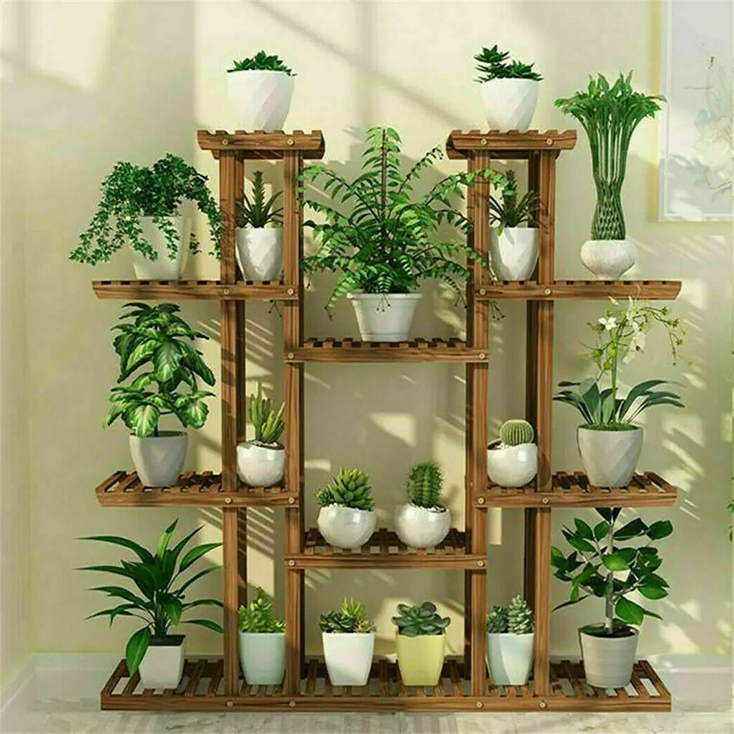 UNHO Multi - Tier Plant Stand, 46in Height Wood Flower Rack Holder 16 Potted Display Storage Shelves Indoor Outdoor for Patio Gard - H. home supplies