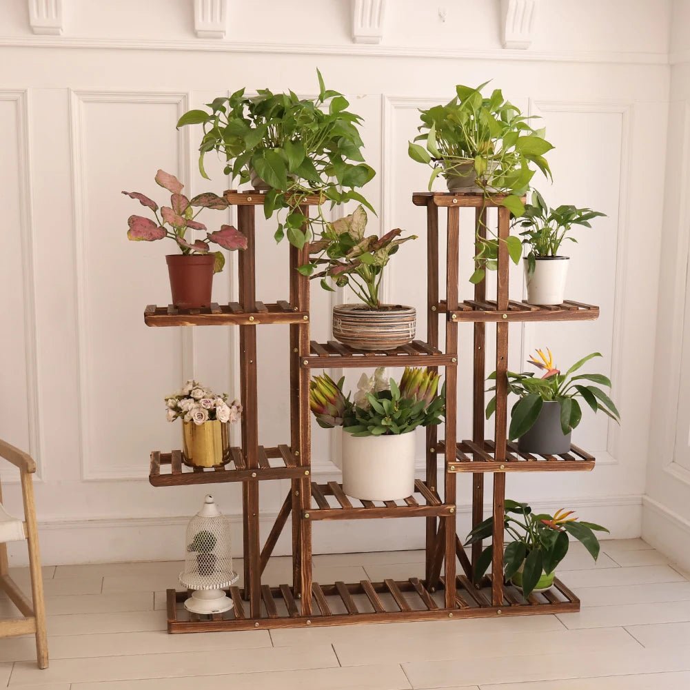 UNHO Multi - Tier Plant Stand, 46in Height Wood Flower Rack Holder 16 Potted Display Storage Shelves Indoor Outdoor for Patio Gard - H. home supplies