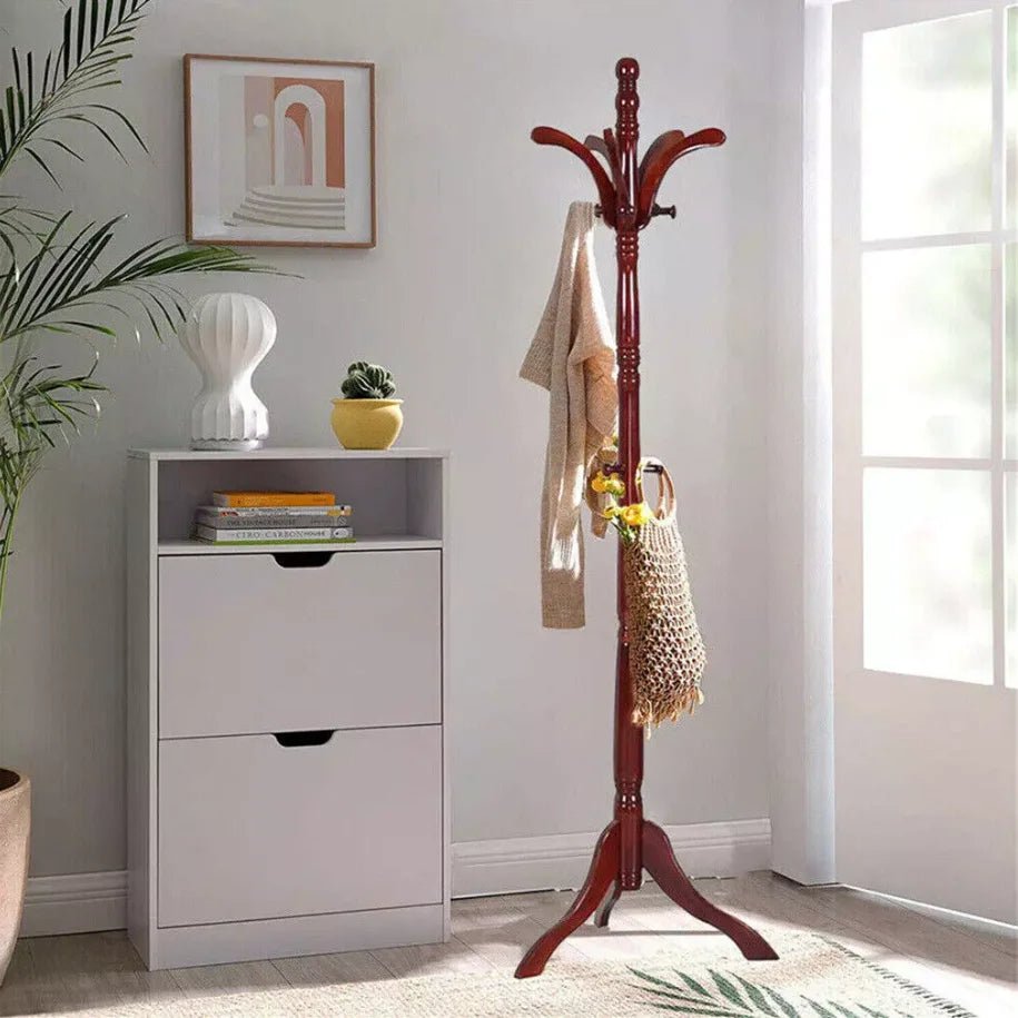 Wood Coat Hat Rack Stand Clothes Hanger Hall Tree Height Adjustable Entryway Clothes Rail - H. home supplies