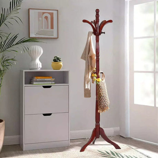 Wood Coat Hat Rack Stand Clothes Hanger Hall Tree Height Adjustable Entryway Clothes Rail - H. home supplies