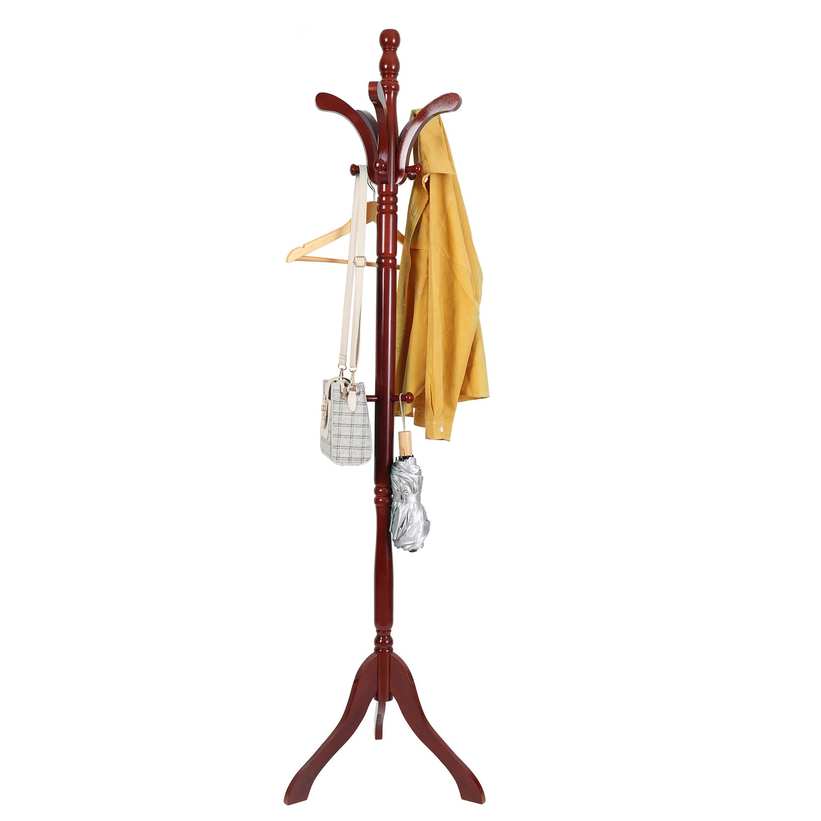 Wood Coat Hat Rack Stand Clothes Hanger Hall Tree Height Adjustable Entryway Clothes Rail - H. home supplies