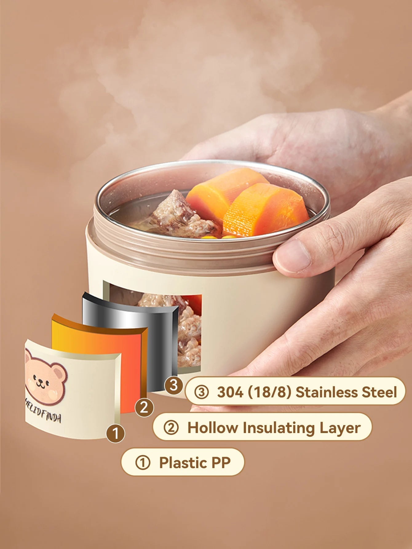 WORTHBUY Cute Bear 304 Stainless Steel Thermal Lunch Box For Kids Adults Portable Microwave Bento Box Leak Proof Food Container - H. home supplies